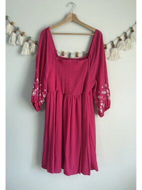 Torrid Crinkle Gauze Blouson Sleeve Pink Smocked Embroidered Mini Dress Beach 2x